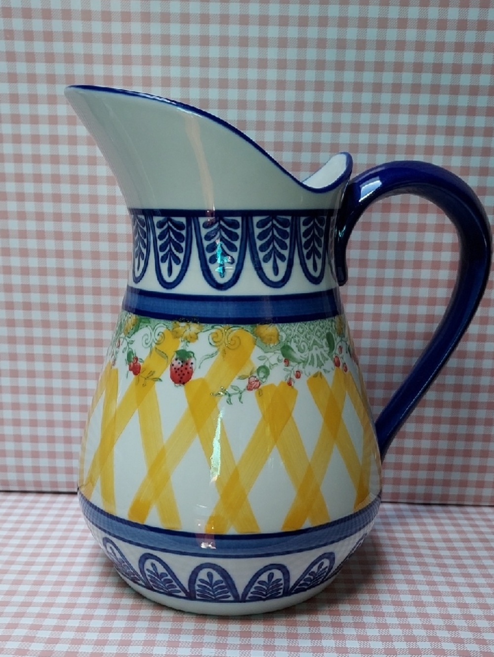 Blue Yellow Strawberry Hand Painted Ceramic Set Pitcher Sugar Bowl Creamer Mug - Picture 2 of 10